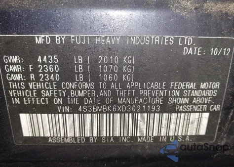 2013 Subaru Legacy 2.5I Limited z USA, uszkodzony, nr VIN 4S3BMBK6XD3021193